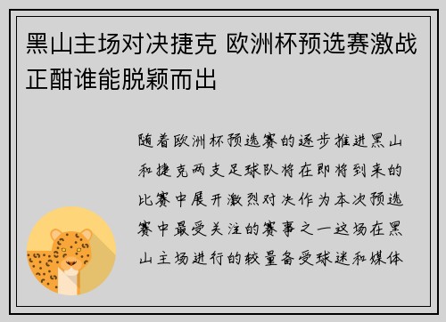 黑山主场对决捷克 欧洲杯预选赛激战正酣谁能脱颖而出