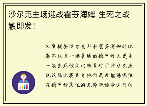 沙尔克主场迎战霍芬海姆 生死之战一触即发！
