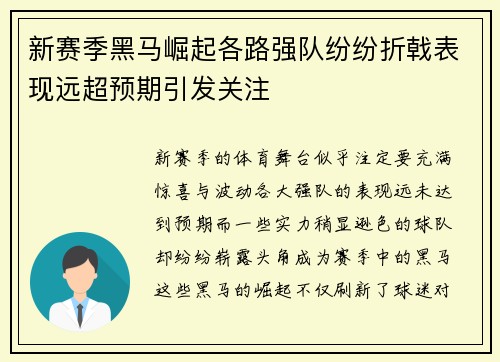 新赛季黑马崛起各路强队纷纷折戟表现远超预期引发关注