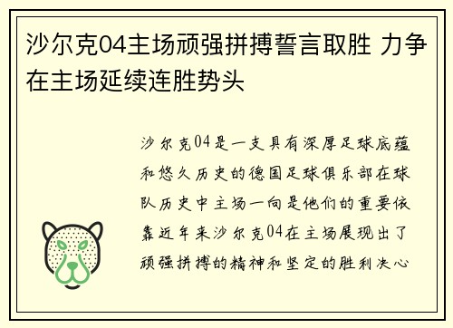 沙尔克04主场顽强拼搏誓言取胜 力争在主场延续连胜势头